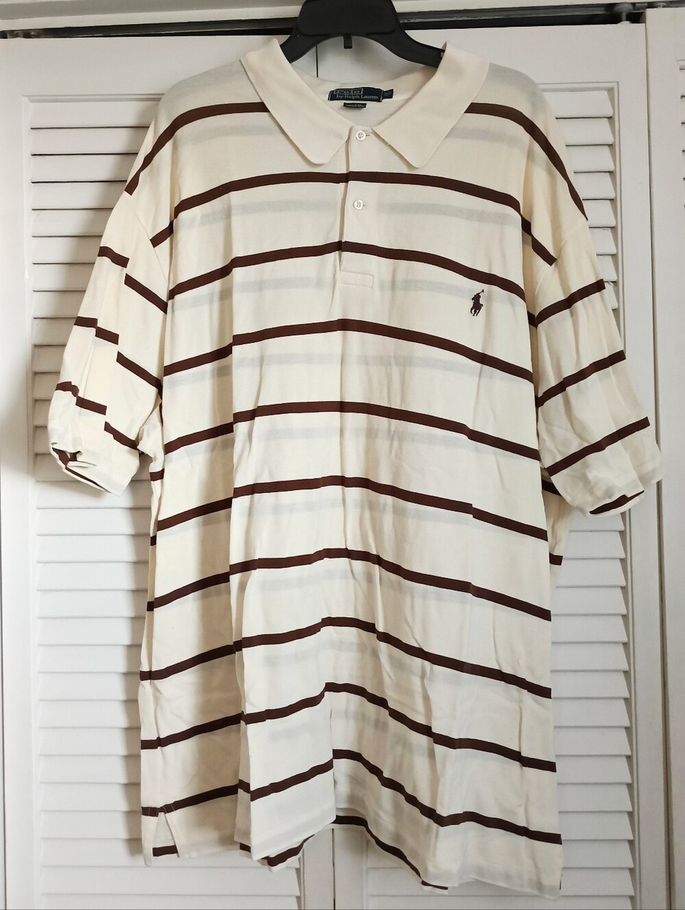 Men's Polo By Ralph Lauren Cream & Brown Stripe Pique Polo (3XB)